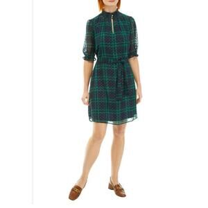 Tommy Hilfiger Tartan Plaid Dress Short Puff Sleeve Sky Captain Evergreen Size 8